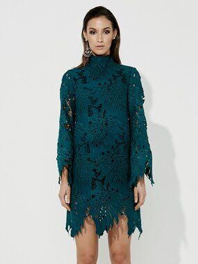 MOSSMAN Rose Garden Laser Cut Midi Long Sleeve Dress Green Size US 10